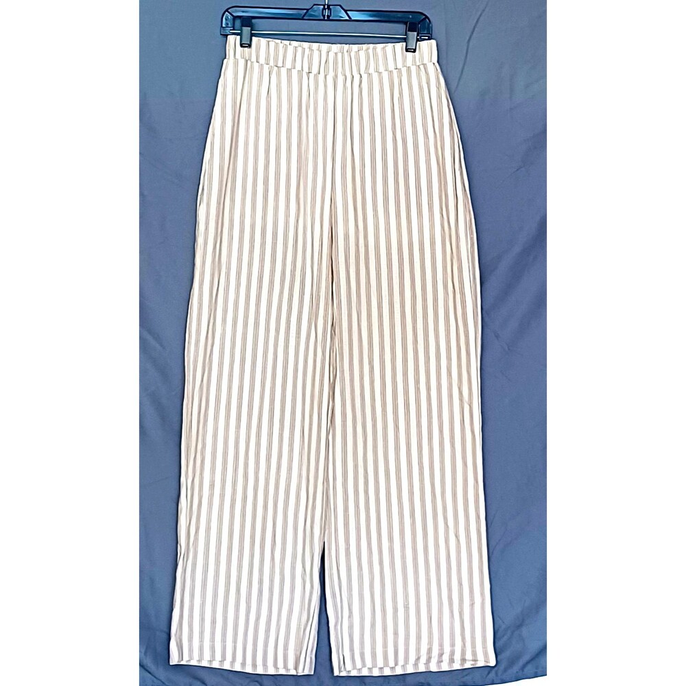 May Design Women’s M Khaki/Cream Striped WideLeg Pull‑On Pants Pockets Lined NWT